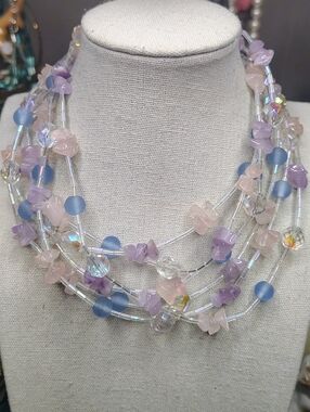 Vtg Faceted Crystal Glass Bead 3 Strand Necklace Blue Lavender Pink Rose Quartz